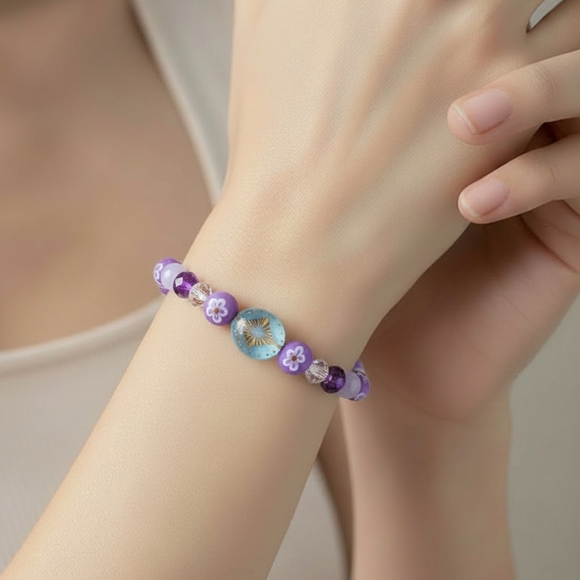 The Crystal Witch Goods Jewelry - Purple & Blue Mixed Media Beaded Bracelet Handcrafted 6"